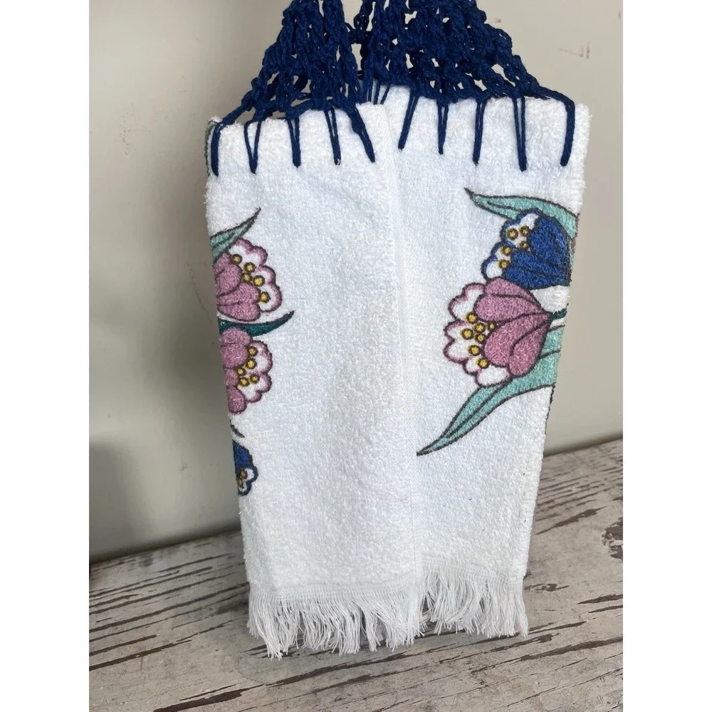 Vintage Crocheted Top Terrycloth Kitchen Hand Towel Florals Blues Pinks Retro